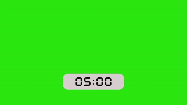 Digital timer counting up from twenty eight seconds to fifty nine minutes and thirty seconds on a green screen background for chroma keying and alpha channel replacement