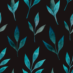 Fototapeta premium Watercolor seamless pattern with turquoise leaves on a dark background.