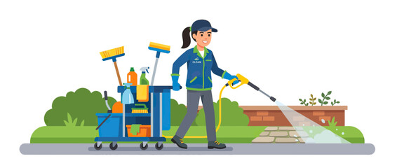 Professional cleaner pressure washing outdoor pathway with cart © Didit