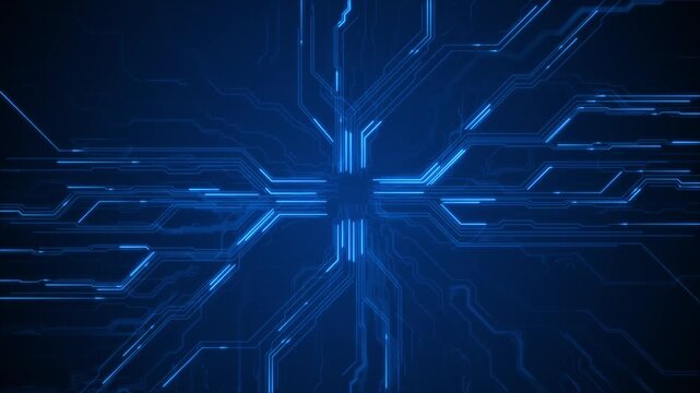 Blue circuit board background glowing chip center, diagonal electronic traces, technology depth. hardware videos, AI intros, cyber security promos, software screens, digital overlays.