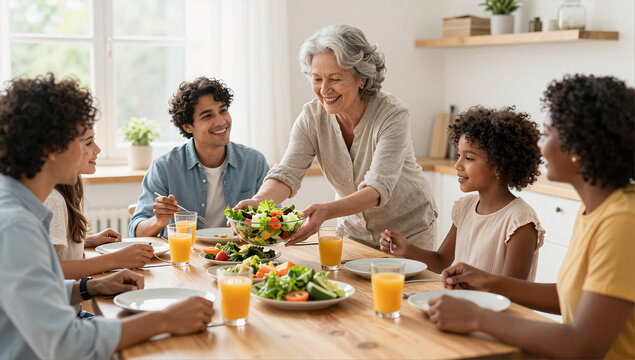 Happy Multi Generational Family Sharing Meal at Dining Table