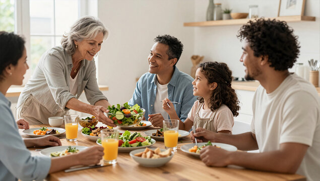 Happy Multi Generational Family Sharing Meal at Dining Table