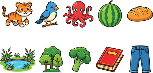 Fototapeta premium Cute Cartoon Icon Set Featuring Animals, Nature Elements, Food, and Everyday Objects for Children Education