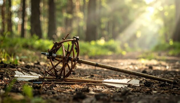 Ancient homemade arrow with fletching resting on forest floor with sunlight rays