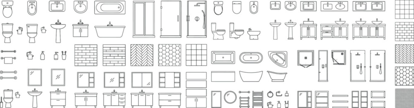 Top view furniture floor plan symbols vector mega set. Thin line CAD icons of chairs, seating, tables, conference layouts, storage and interior plan blocks for architectural blueprints and space plans