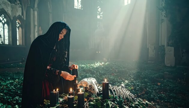 Mystical woman in a black cloak performing a ritual with candles and a skull in a sunlit abandoned church ruin with ample copy space for text.