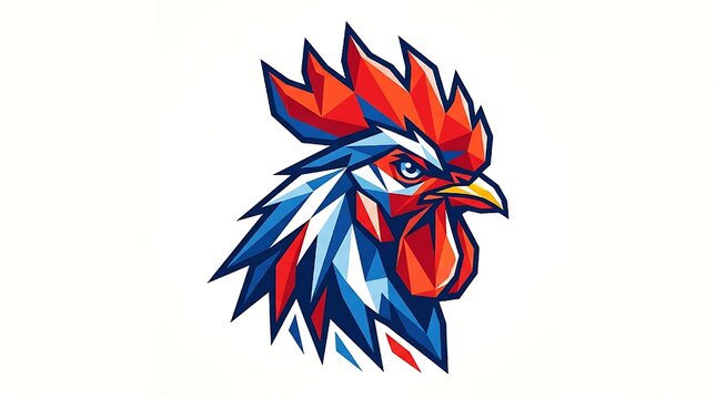Geometric rooster head illustration in red, blue, and white stylized polygon design. Suitable for logos, posters, and farmthemed designs.