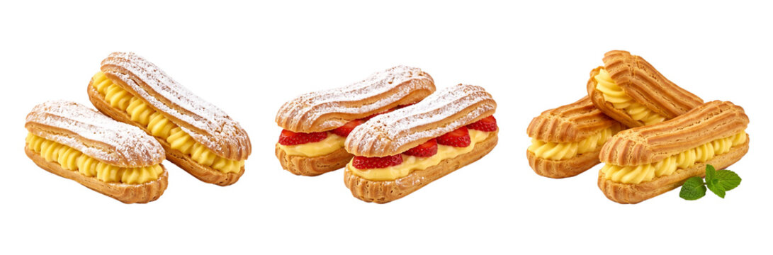 Assortment of French Eclairs with Cream Filling and Strawberries, Dusted with Powdered Sugar