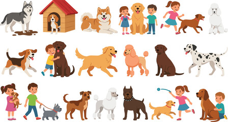 Cute Dog Breeds and Happy Kids Character Set with Children Playing Walking and Hugging Their Pets © Shukimon