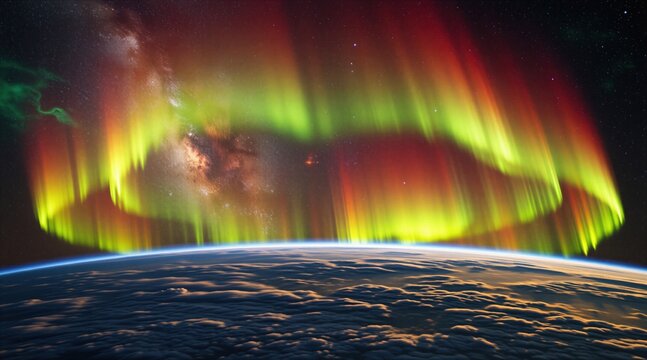 Bright aurora borealis lights shine above planet earth. Intense solar storm creates glowing green, red celestial curves in dark space atmosphere. Cosmic phenomenon illuminates cloudy horizon view