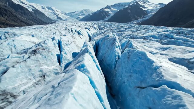 Rugged terrain reveals deep ice fissures across the massive Tasman Glacier flowing within the breathtaking Southern Alps of New Zealand as sunlight illuminates the ancient frozen landscape peaks