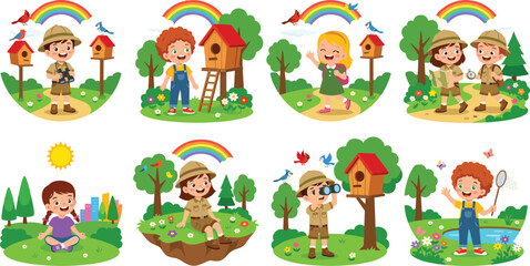 Fototapeta premium Cute Kids Scout Camping and Bird Watching Outdoor Adventure Icon Set with Rainbow and Nature Backgrounds