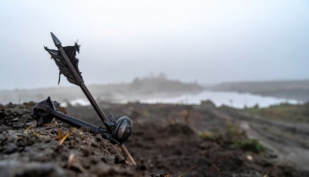 Ancient broken arrow and mace lying on a muddy field with a misty river in the background