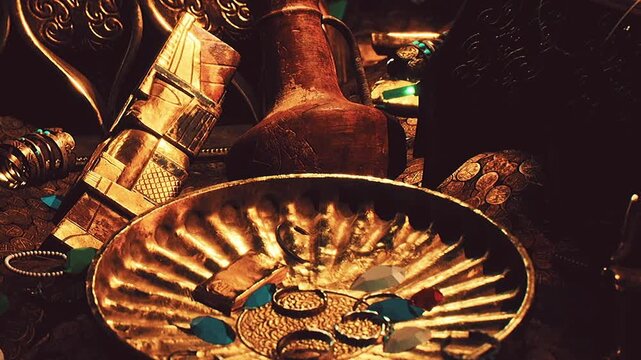 Many golden treasures and artifacts are arranged on a table. There are coins, jewelry, and ornate items that show craftsmanship. The setting appears to be an exhibition for viewers to admire.