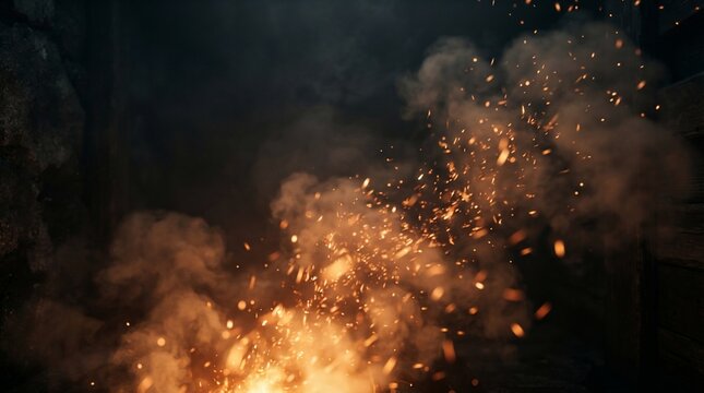 Fiery sparks and smoke rising from an intense blaze with glowing embers