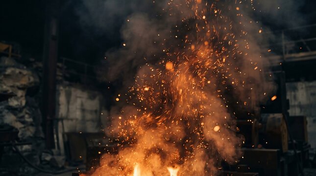 Fiery sparks and smoke rising from intense flames outdoors at night