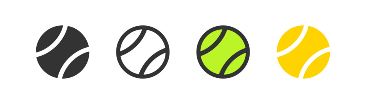 Set of four tennis balls showing different style variations with equipment collection variation minimalist pictogram exercise activity recreation