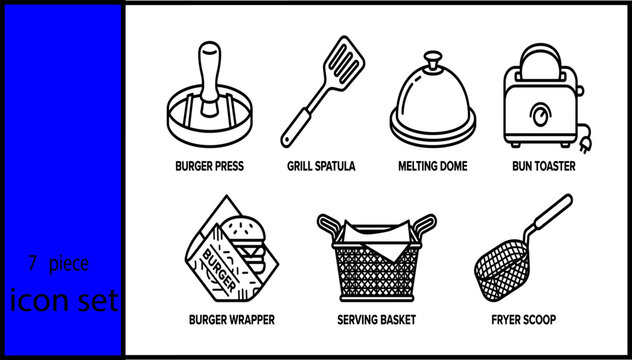 Burger kitchen equipment icon collection featuring press spatula melting dome toaster wrapper basket and fryer scoop line art