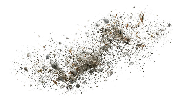 Explosion of dirt and debris flying through the air in all directions quickly transparent background