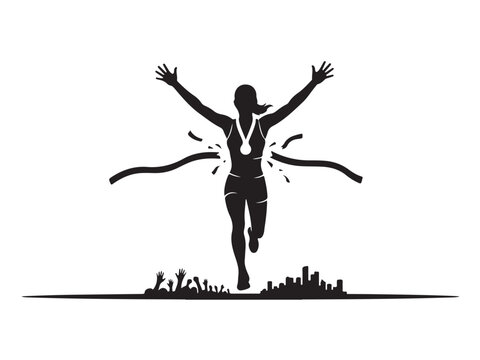 Silhouette of a female runner crossing the finish line with gold medal, champion. Womend's Equality Day