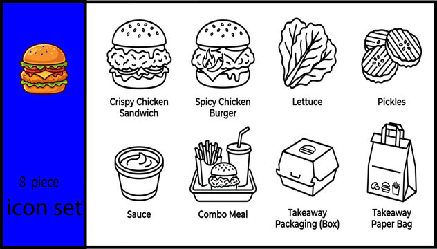 Chicken burger icon collection featuring crispy chicken sandwich spicy chicken burger lettuce pickles sauce and takeaway packaging line art