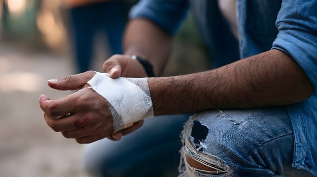 A person with a bandaged hand showing minor injuries while sitting outdoors wearing ripped jeans and a blue shirt