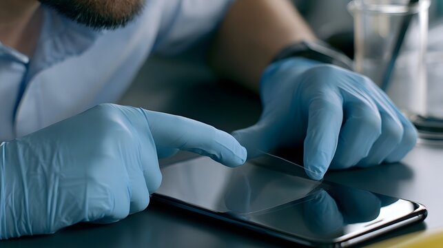 A person wearing blue gloves carefully aligns a transparent screen protector over a sleek tablet device on a dark surface