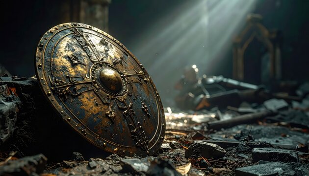 Ancient golden shield relic lying amidst rubble in a dark, sunlit, ruined temple, evocative of a lost battle or forgotten history