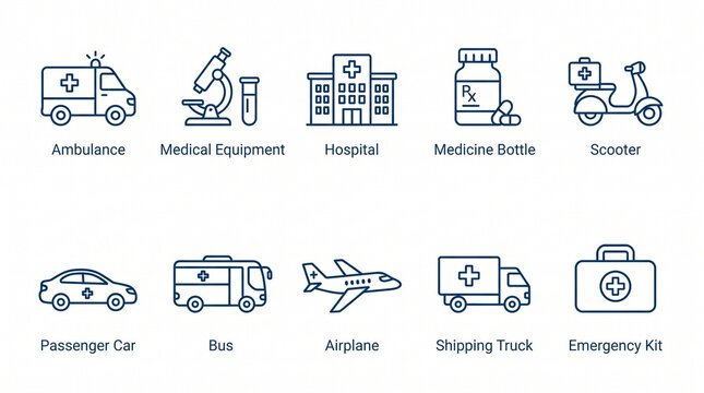 Minimal Healthcare Transport Icon Collection  Medical Mobility Vector Set