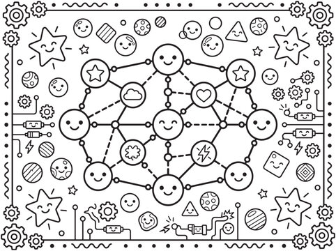 Fun Coloring Page for Kids Featuring Cute Cartoon Network of Smiling Shapes, Stars, and Gears in a Lineart Outline Activity for Creative Children.