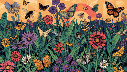 Vibrant illustration of a lush meadow teeming with colorful butterflies, moths, and a bee amidst various wildflowers under a warm, stylized sky. © Narutoab