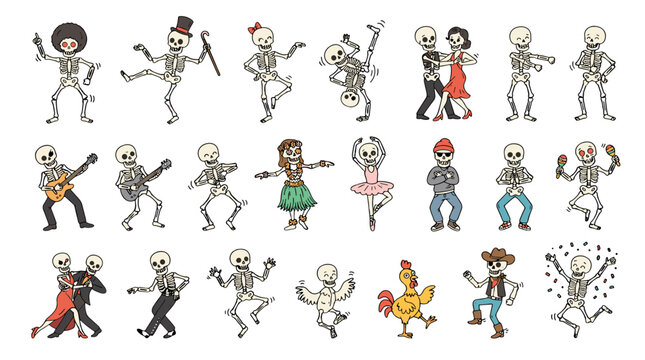 Collection of animated skeletons playing musical instruments and dancing in lively scenes