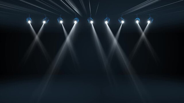 Stage spotlight background beams, ceiling fixtures, soft haze, and dark empty performance space. concert videos, theater intros, award shows, presentation titles, dance clips, and event overlays.