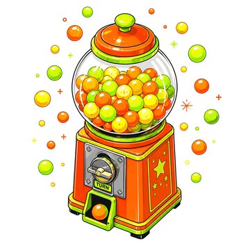 Retro Gumball Dispenser Machine Filled with Colorful Spherical Candies Evoking Nostalgia for Childhood Fun and Sweet Treats Perfect for Vintage Advertisements and Festive Designs. vector illustration 