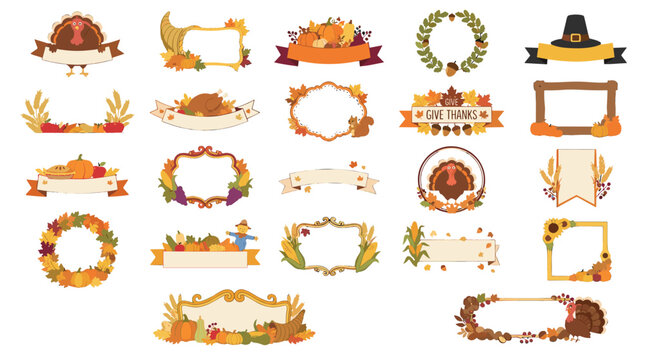 Collection of autumn themed decorative frames and banners with fall leaves and harvest motifs
