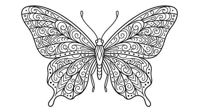 Intricate butterfly mandala for adult coloring activity.