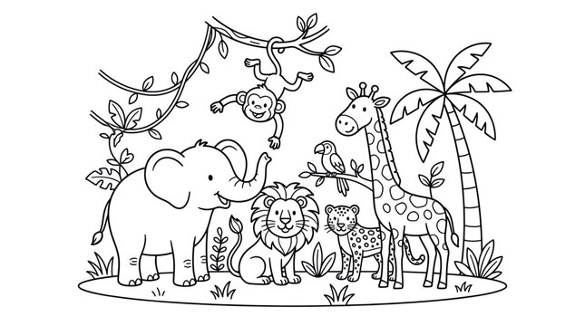 Jungle animals gathered in tropical forest.