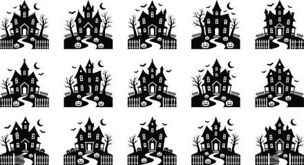 Fototapeta premium Halloween haunted house bundle icon set collection spooky silhouettes for festive designs decorations