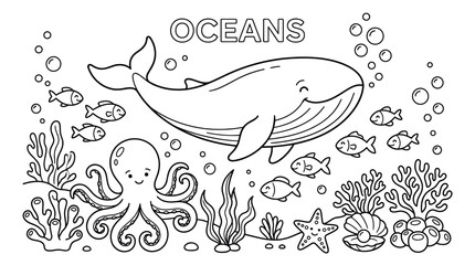 Whale and octopus ocean theme coloring page. © bahriri