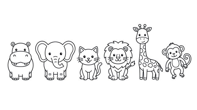Wild safari animals lineup coloring page illustration