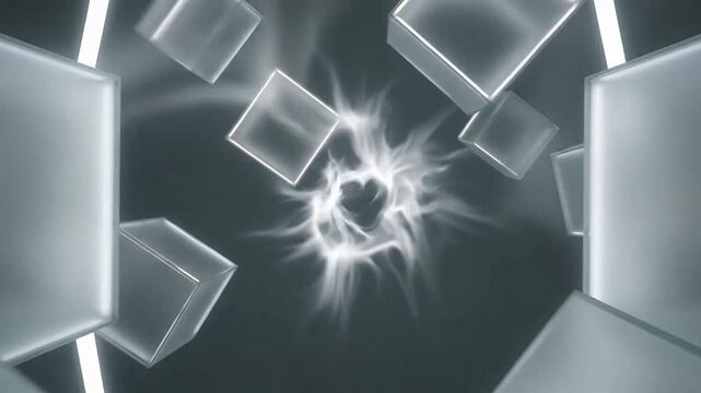 Abstract motion background featuring floating metallic cubes and glowing light
