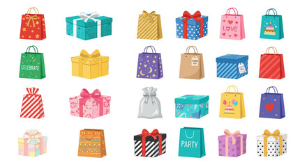 Fototapeta premium Collection of colorful gift boxes and shopping bags with ribbons and bows