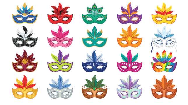 Collection of colorful carnival masks with feathers and decorative elements for celebration