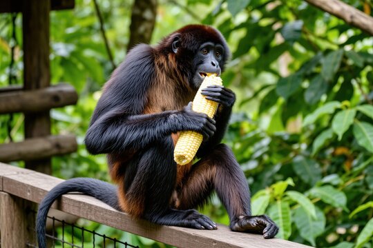 Spider monkey sits on wooden railing eating fresh yellow corn cob. Wild primate holds vegetable with hands in natural green tropical rainforest background. Curious animal outdoors in jungle habitat