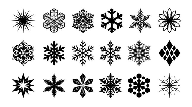 Collection of various snowflake designs with intricate patterns and symmetrical shapes