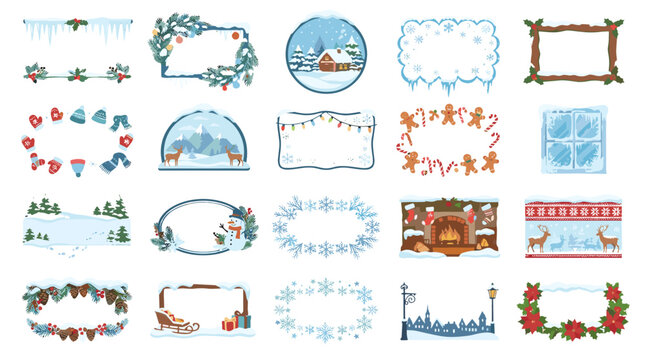 Collection of decorative winter and holiday frames, wreaths, and borders for festive design