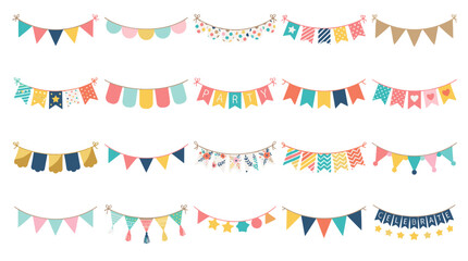 Fototapeta premium Colorful festive bunting garlands hanging on string for celebration and party decoration