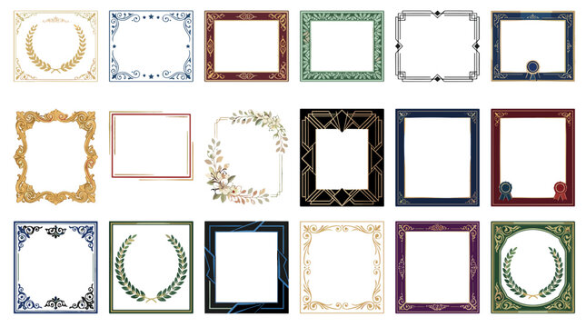 Collection of ornate decorative picture frames with various designs and colors for interior decor