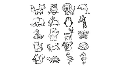 Fototapeta premium Collection of handdrawn animals including cats dogs birds and reptiles