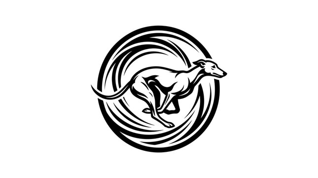 Running greyhound dog logo in circular vortex frame